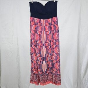 Womens Love Fire Strapless Blue Pink Sheer Skirt Slits Cut Out Maxi Dress XL